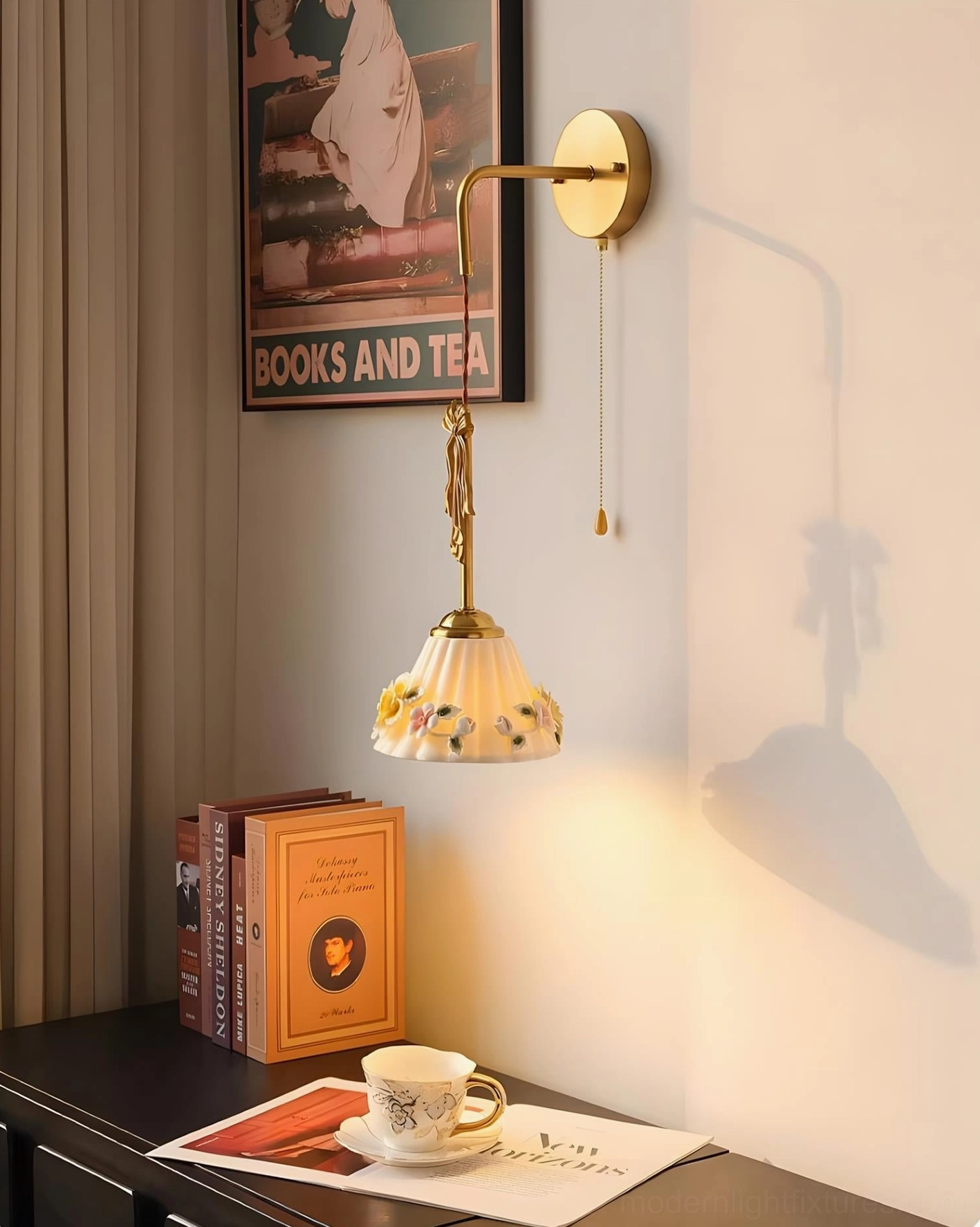 Celestine floral wall lamp with brass hardware and decorated ceramic shade mounted on home decor wall