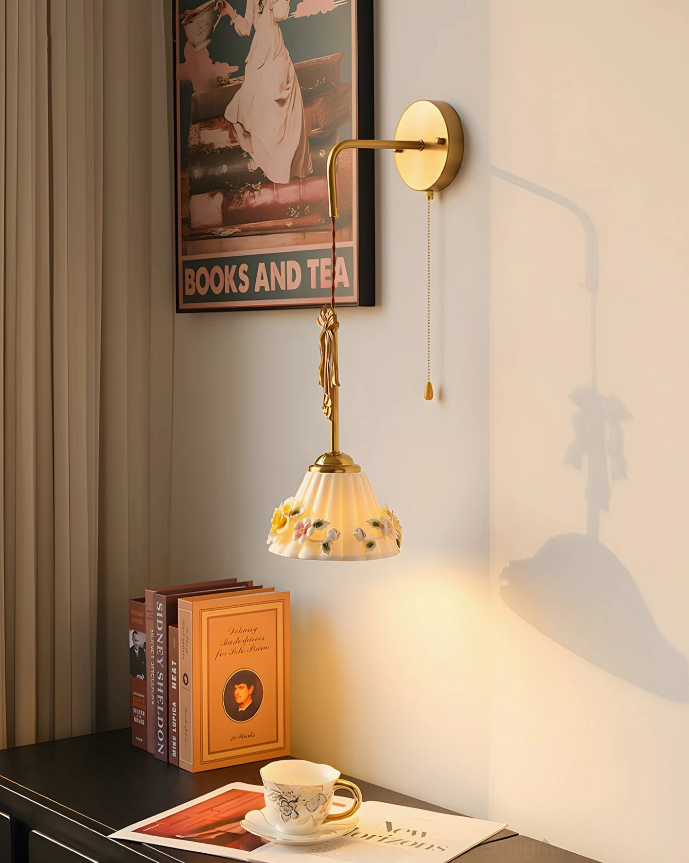Celestine wall sconce with hand-painted flower ceramic shade and brass hardware on vintage home wall