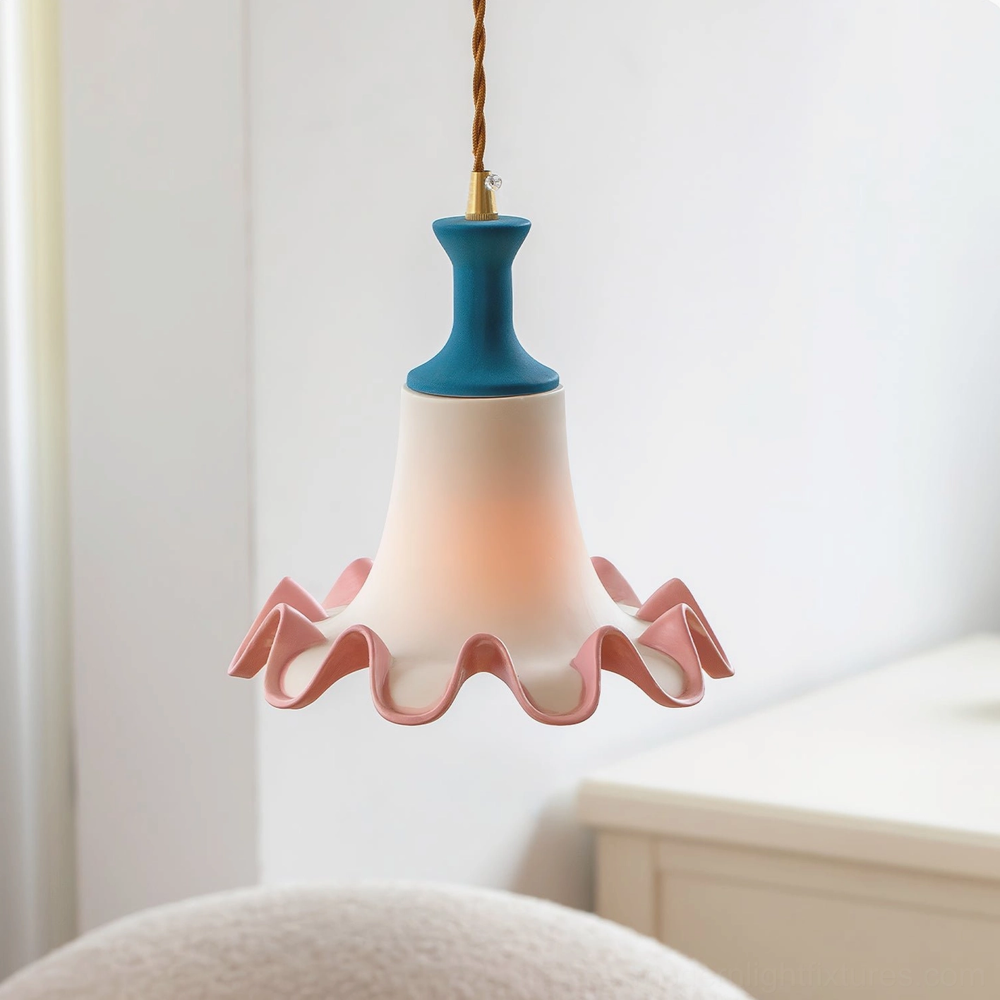 Celina ruffled pendant lamp overhead view in cozy bedroom setting demonstrating soft home decorative lighting application