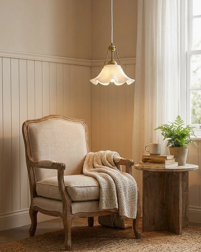 Celisse white porcelain pendant light vintage reading corner cozy armchair