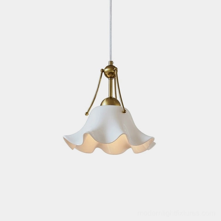 Celisse white porcelain ruffled fluted pendant light front view studio shot