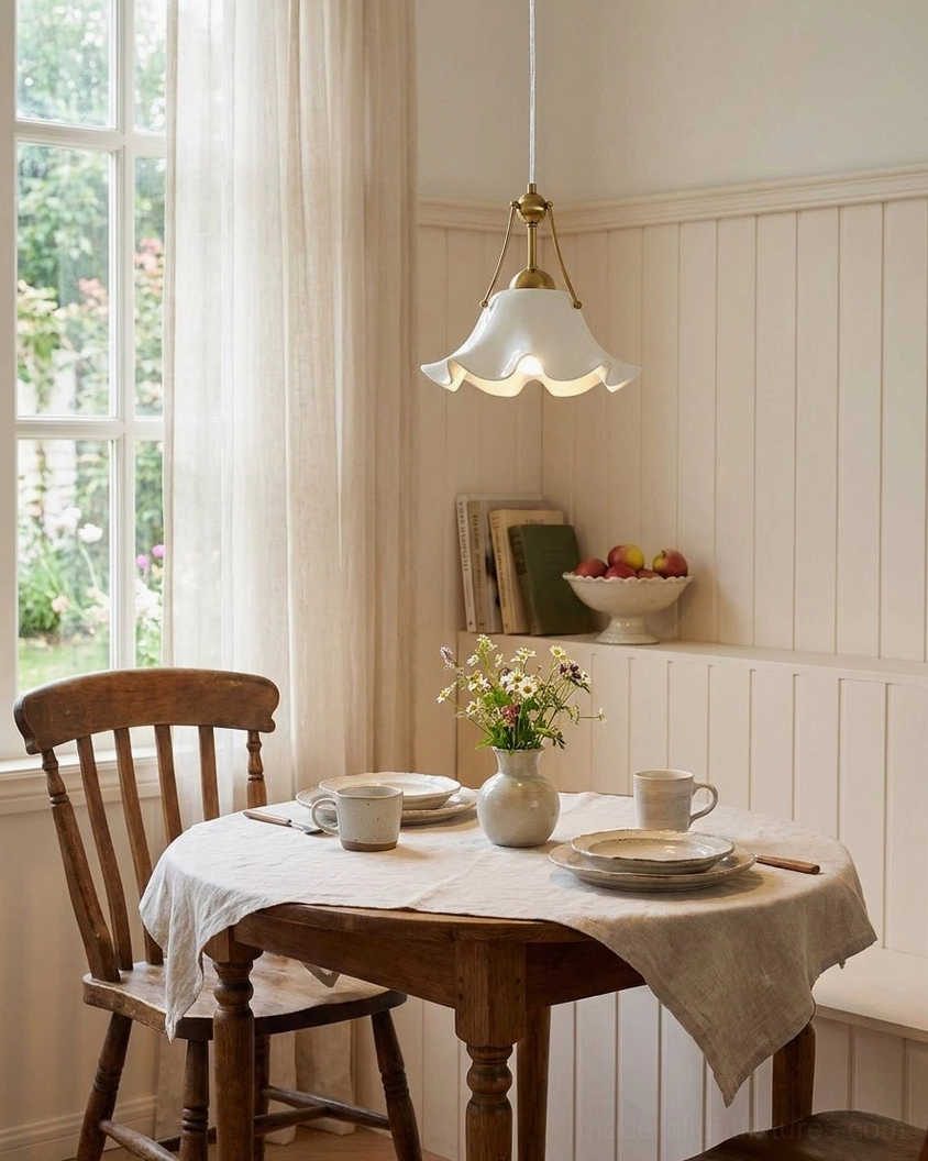 Celisse small ceramic pendant light in farmhouse dining nook with wooden table