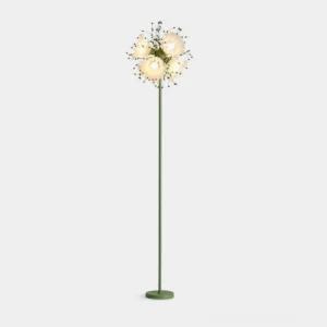 Celonia floral floor lamp full product view with green metal stem and white frosted petal-shaped lampshade against white backdrop