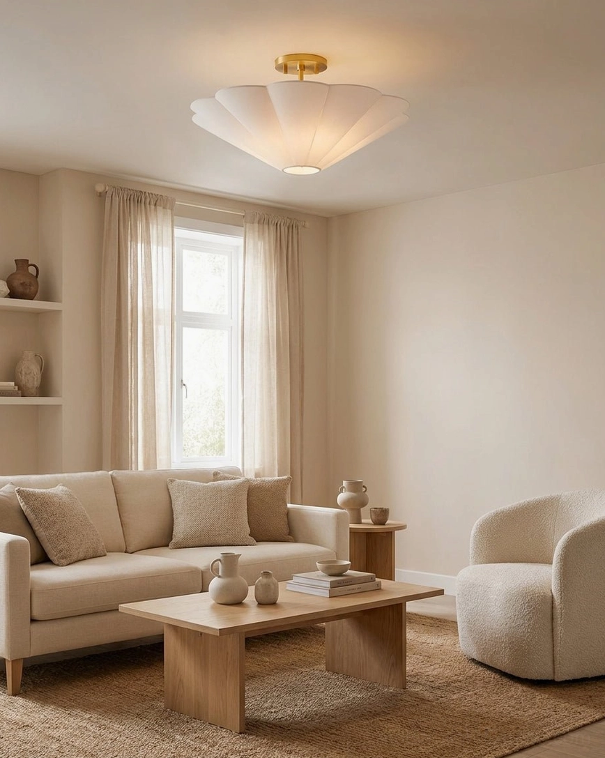 Celora fabric semi-flush mount ceiling light in contemporary living room with boho-minimalist warm neutral interior design