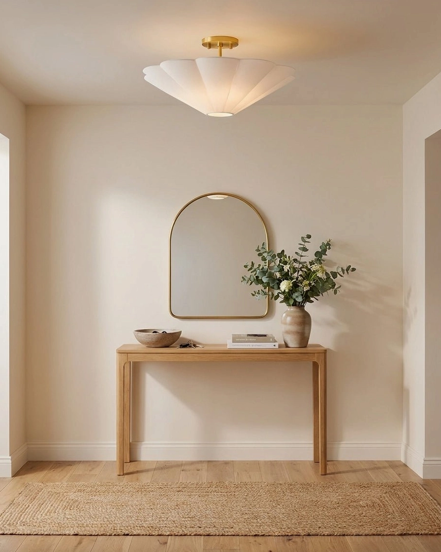 Celora fabric semi-flush ceiling mount in entryway with warm neutral minimalist styling, arched mirror, and console table accent lighting