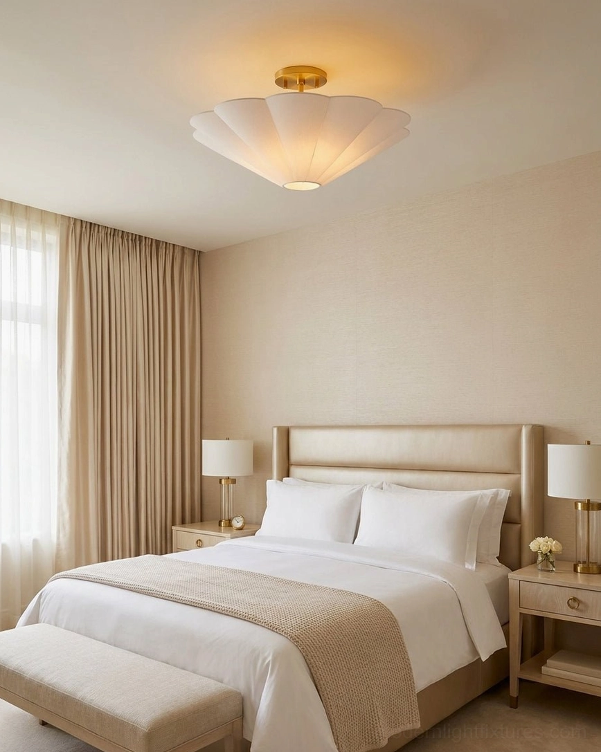 Celora semi-flush mount ceiling light with cream scalloped pleated fabric shade and warm gold metal canopy detail shot