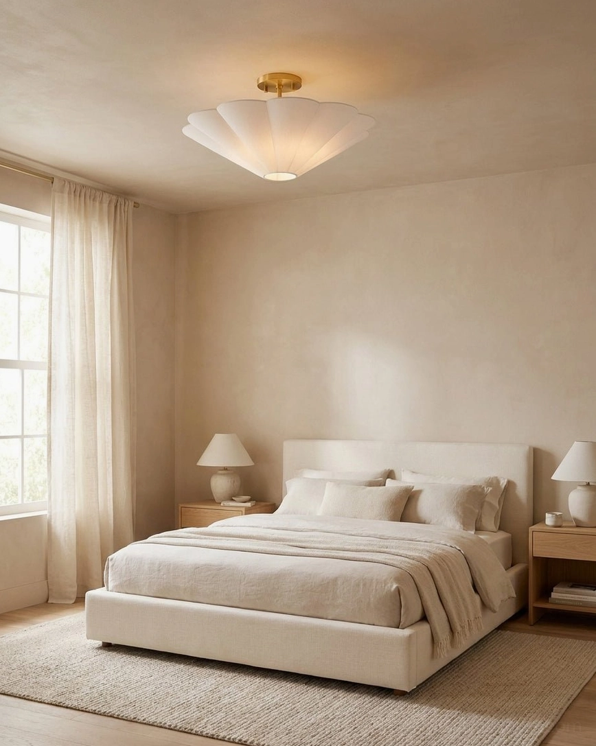 Celora scalloped semi-flush ceiling fixture mounted in primary bedroom with warm neutral minimalist decor and linen furnishings
