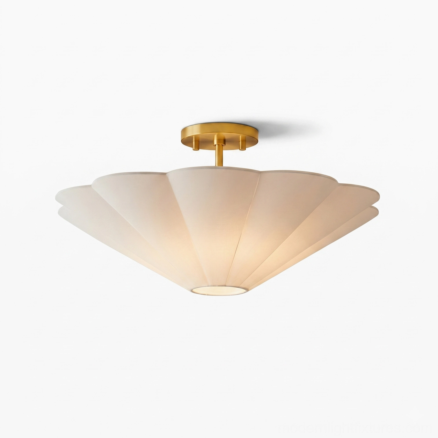 Celora scalloped pleated fabric semi-flush ceiling light product photography, all four sizes shown with warm gold finish metal frame