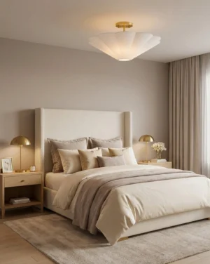 Celora semi-flush ceiling light installed in modern minimalist master bedroom with neutral warm decor and soft ambient lighting