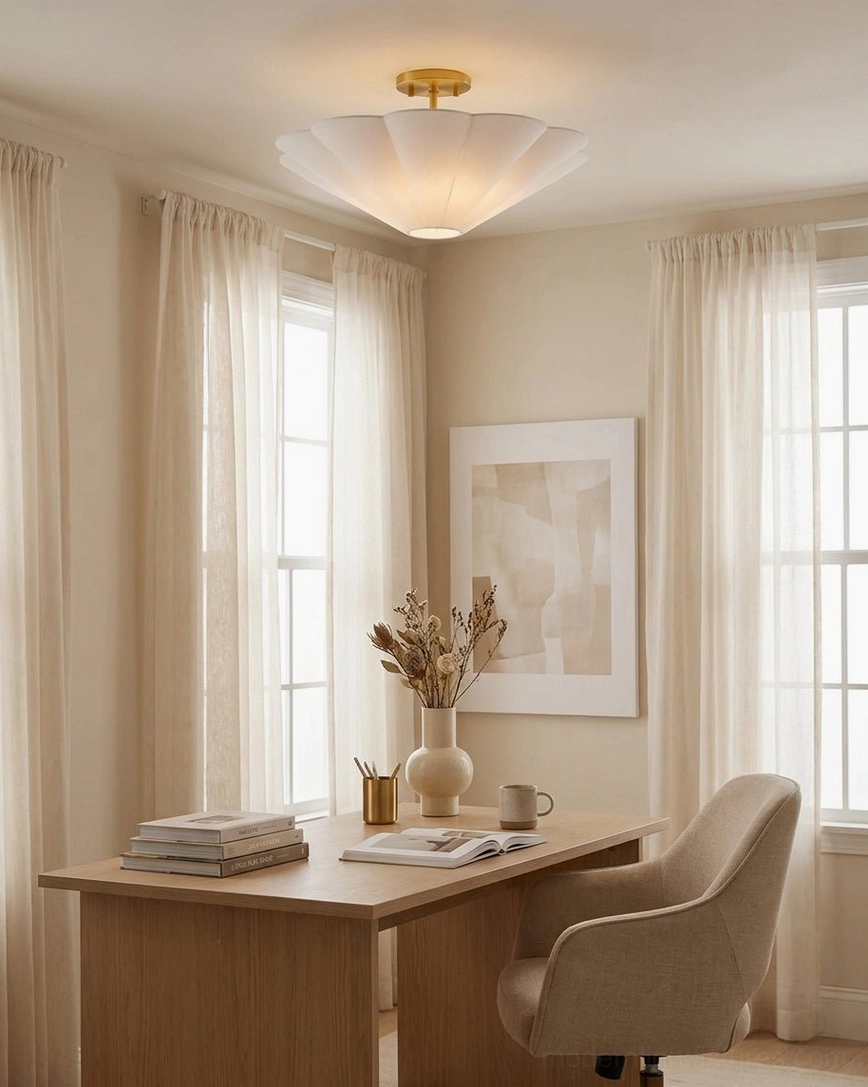 Celora semi-flush ceiling light in home office workspace with warm neutral interior, wooden desk, and upholstered office chair
