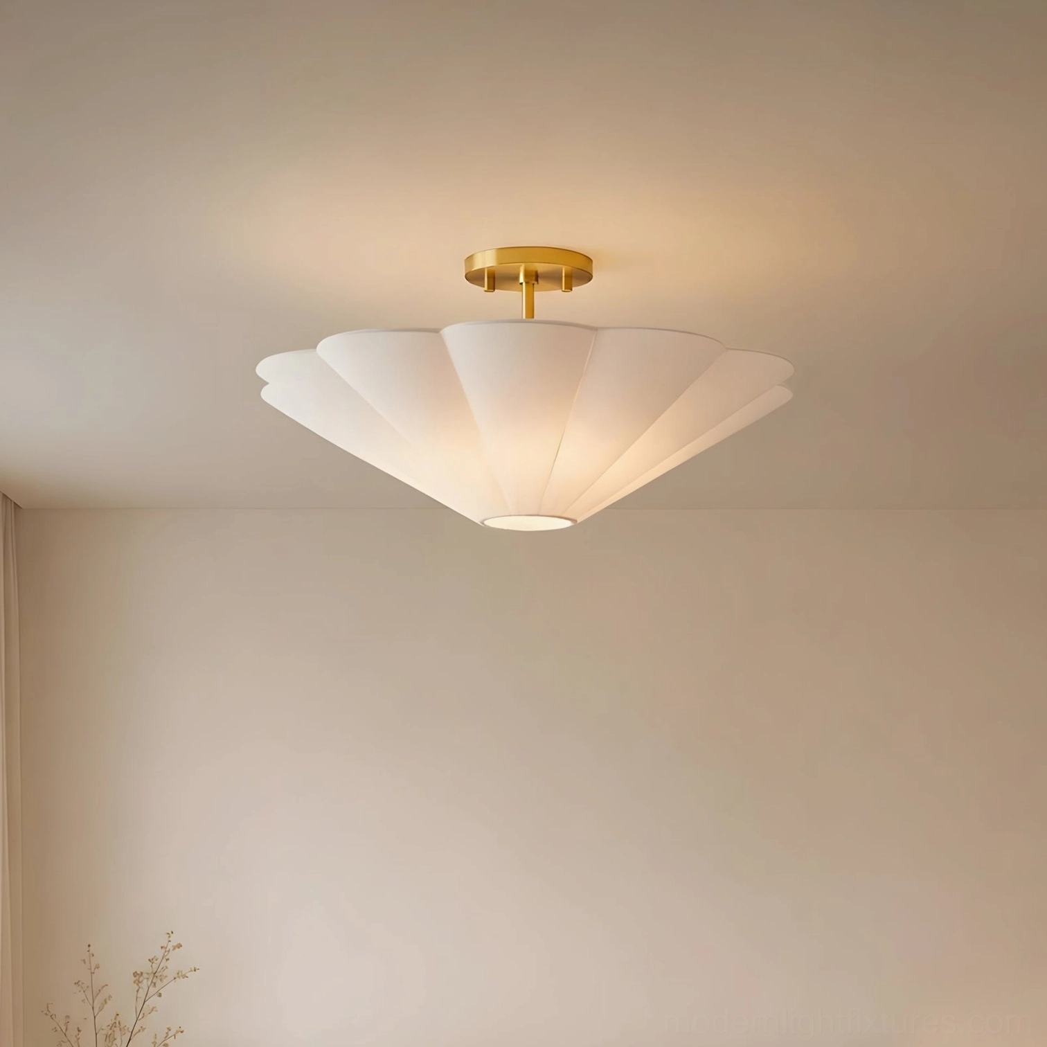 Celora scalloped semi-flush ceiling light product photography flat lay showing cream fabric shade and gold-finish metal frame construction