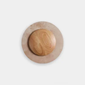 Celora travertine and wood circular wall sconce front view, modern minimalist design with integrated LED