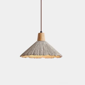 Handcrafted cement pendant lamp with natural wood fixture, front view on white background showing textured shade