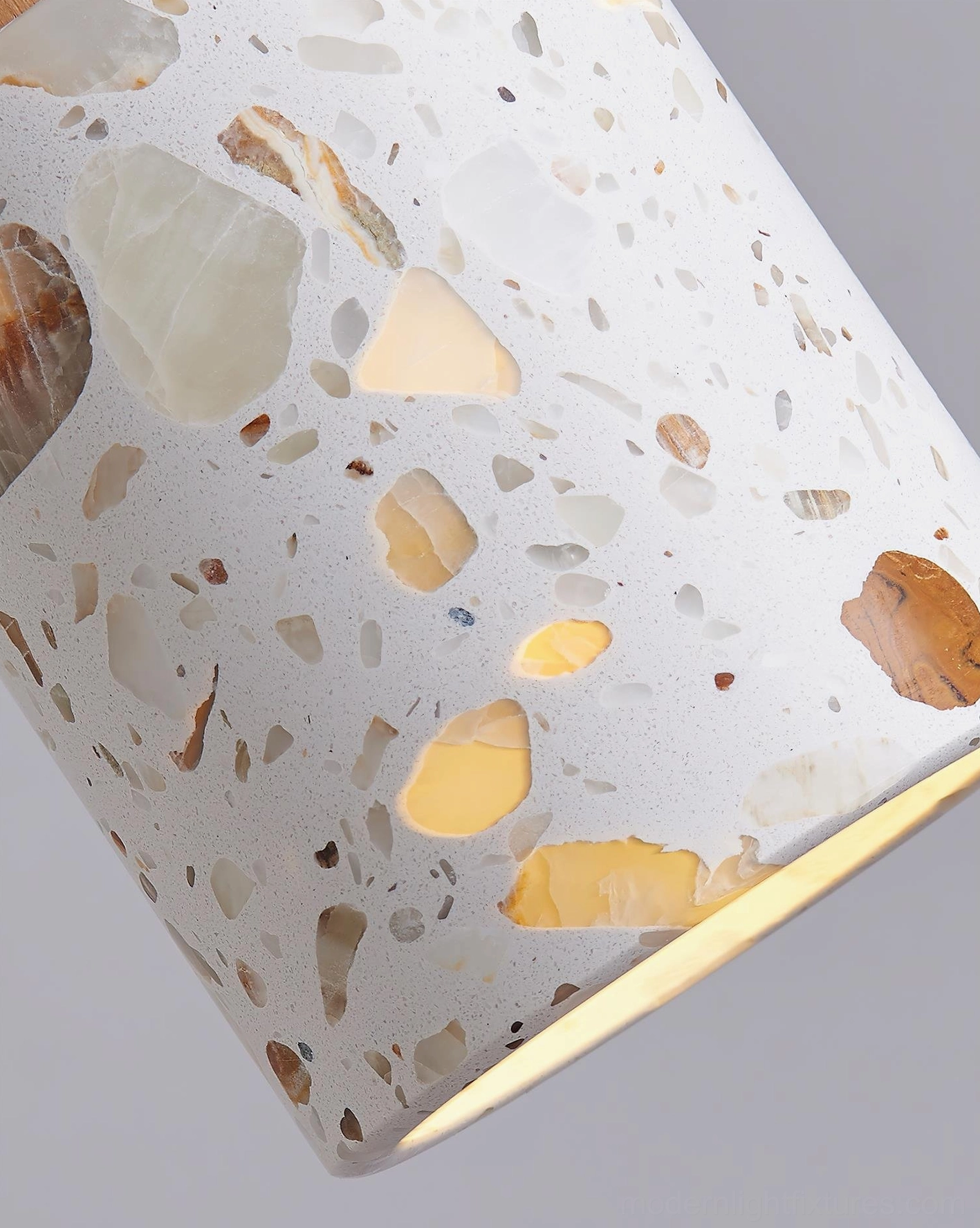 Cemento terrazzo pendant lamp bottom view showing wood and terrazzo construction detail