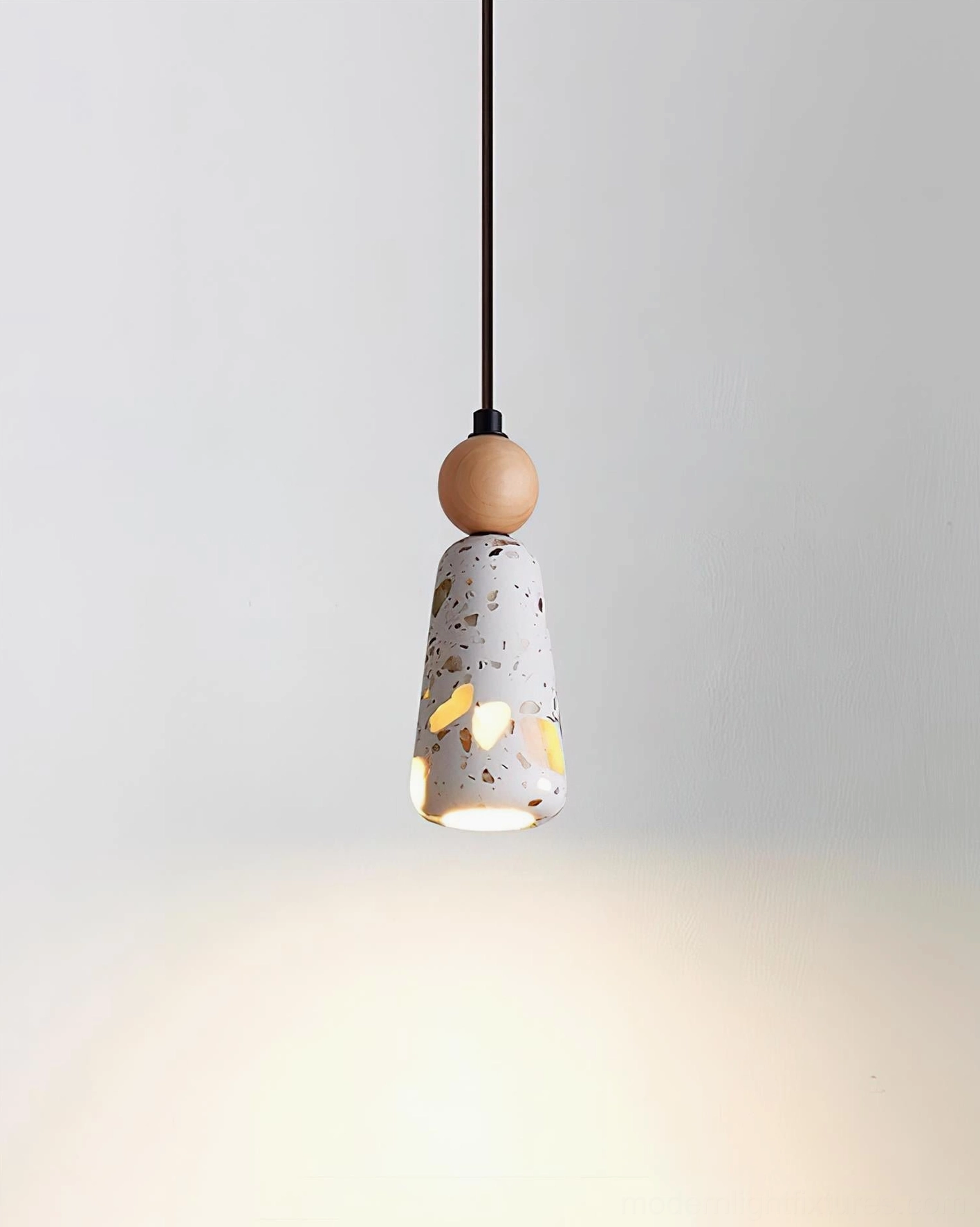 Wood terrazzo pendant fixture warm ambient glow bedroom nightstand accent lighting
