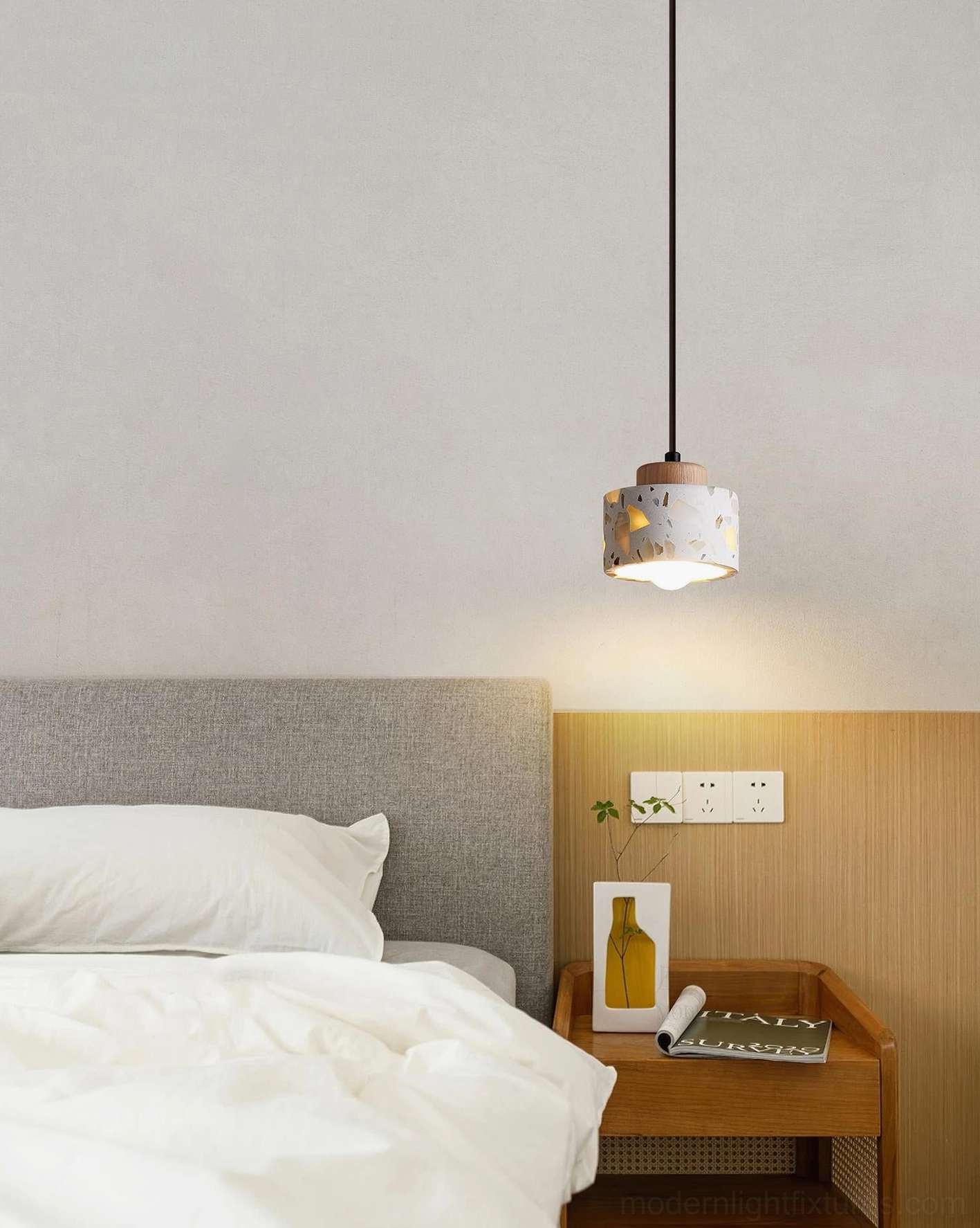 Wood color cemento pendant fixture warm neutral palette studio lighting photograph