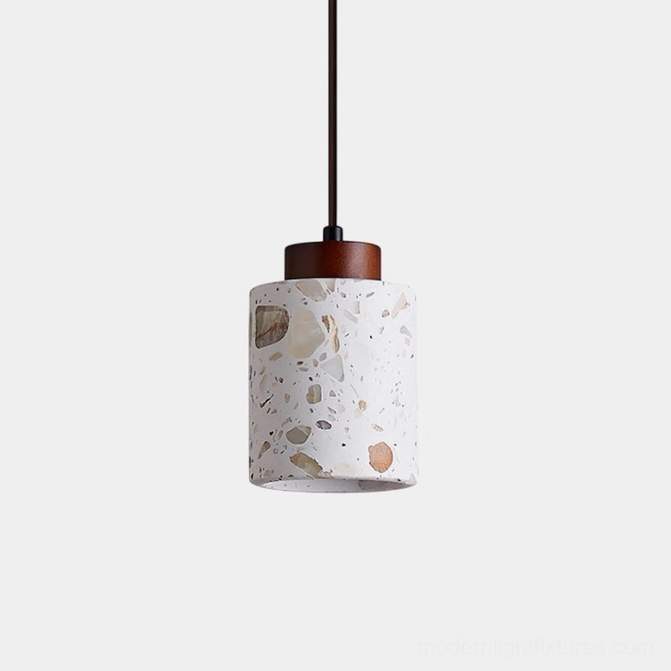 Cemento terrazzo pendant light front view studio shot showing cylindrical shade with wood cap detail