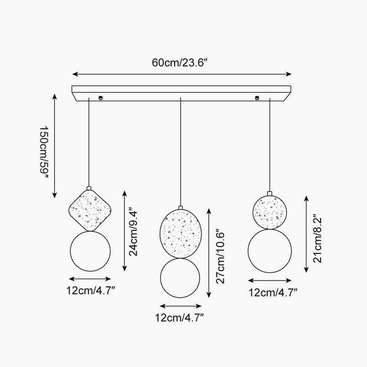 Cenari 3-head linear pendant lamp technical drawing showing 60cm width 150cm total drop multi-fixture configuration