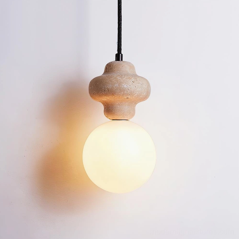 Cenari Model A travertine pendant lamp 21cm height in beige and white compact sculptural for bedside accent lighting
