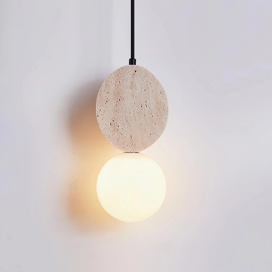 Cenari Model D travertine pendant light tall 27cm design in beige and white for high ceiling contemporary spaces