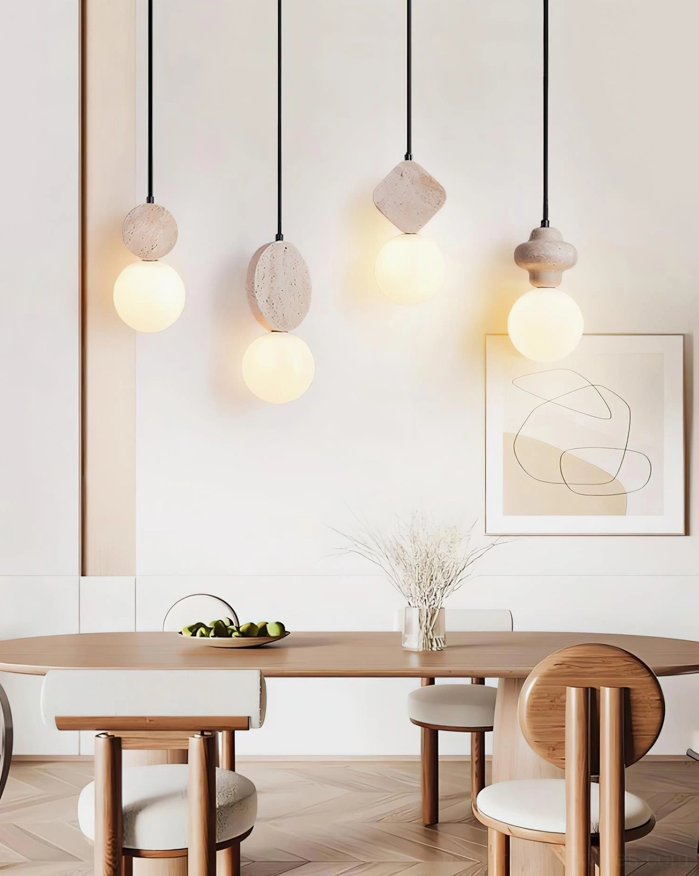 Cenari pendant lamp gallery showing beige walnut and white color options for travertine stone and wood materials