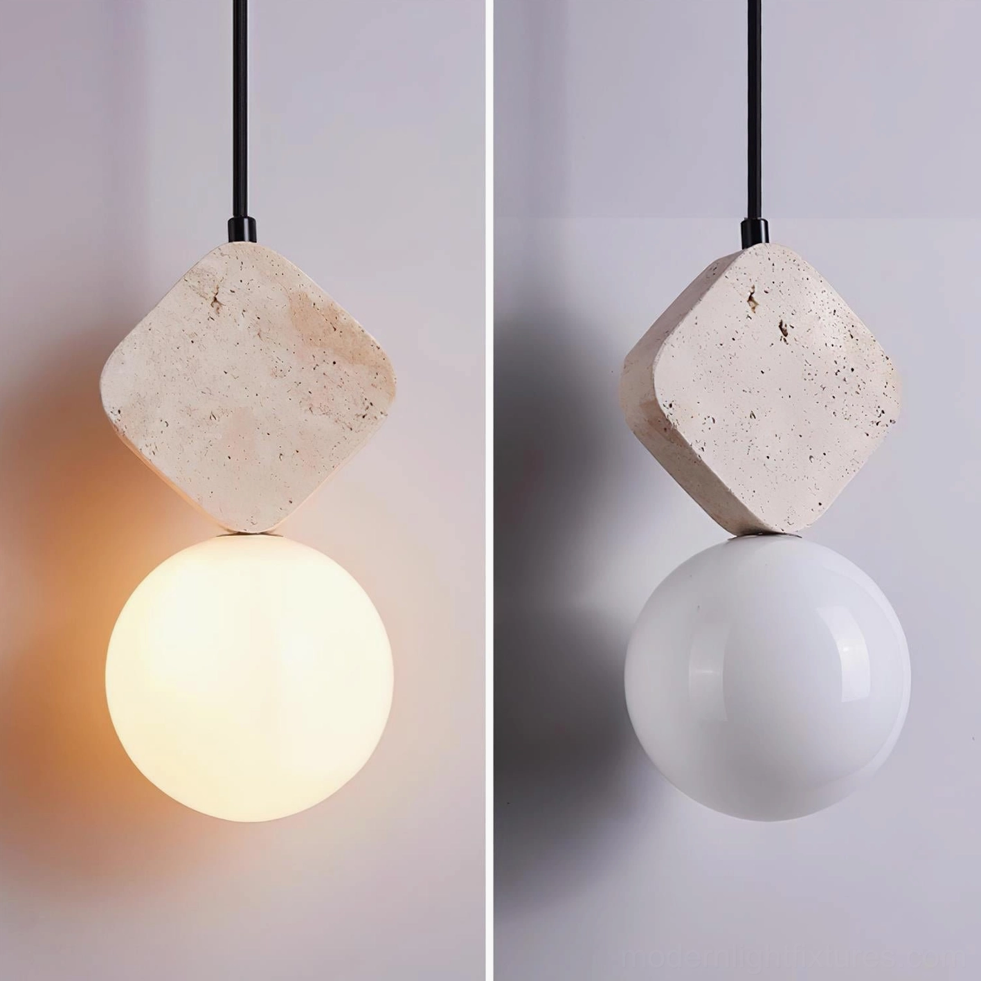 Cenari sculptural pendant lamp collection overview showing all models sizes shapes in natural travertine and frosted glass