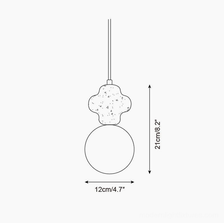 Cenari pendant lamp technical drawing Model A showing 4-leaf ornamental stone design with dimensions 21cm height 12cm diameter