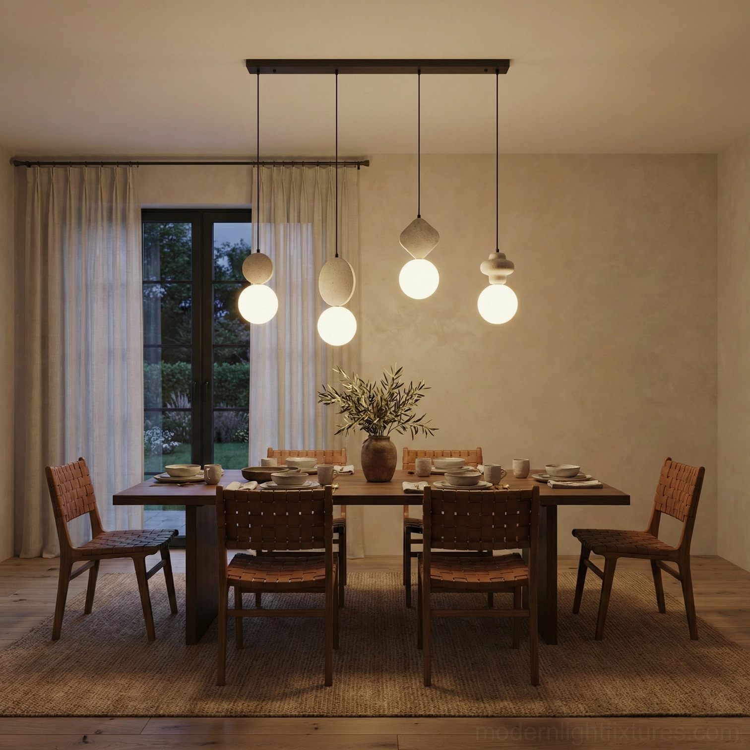 Cenari multi-head pendant lamp configuration suspended over kitchen island showing linear arrangement with travertine stones