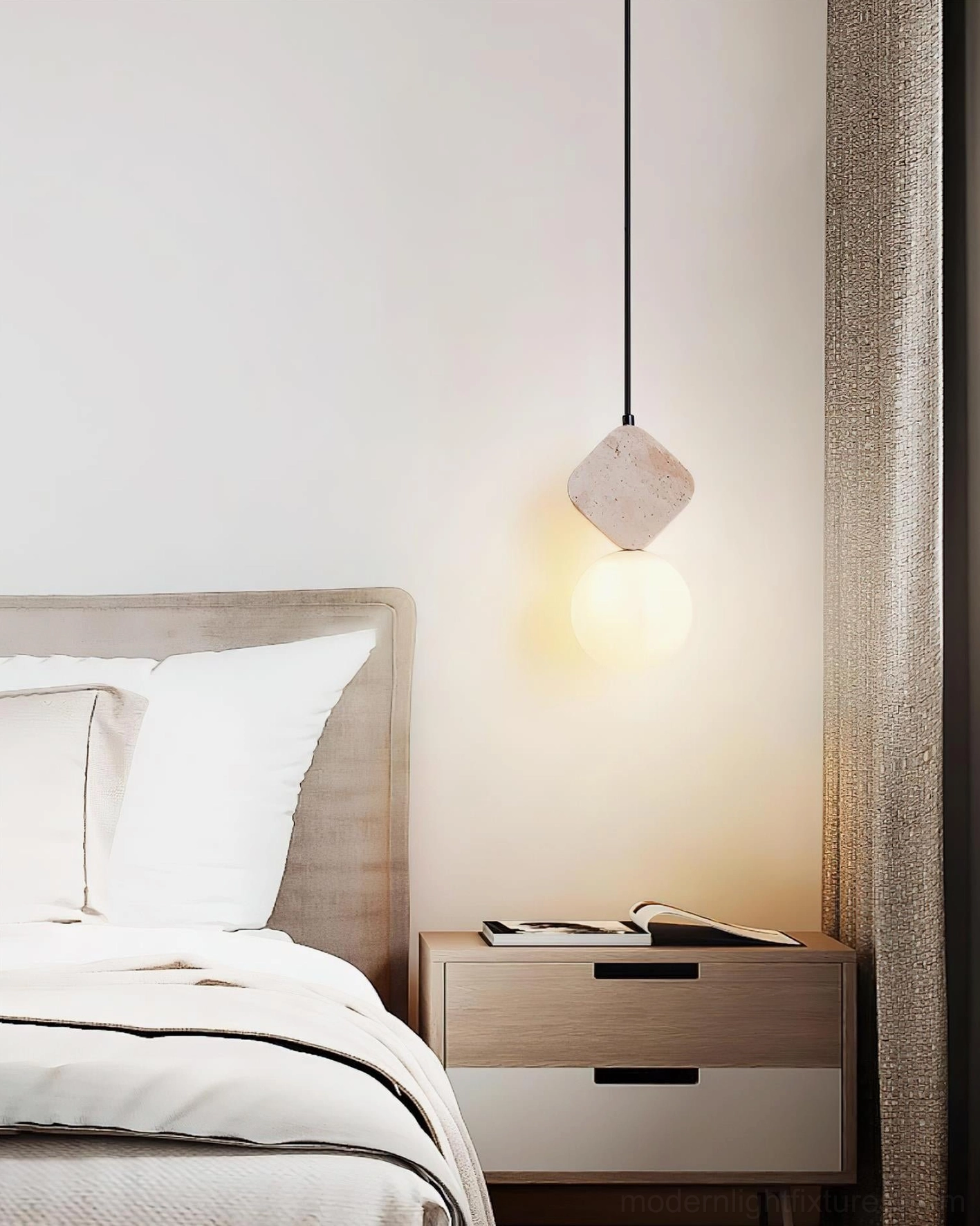 Cenari pendant light arrangement showing multiple travertine stone shapes suspended at varying heights creating sculptural effect