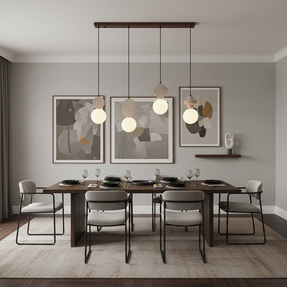 Cenari modern travertine and glass pendant lamp artistic detail showing natural stone texture and frosted diffuser
