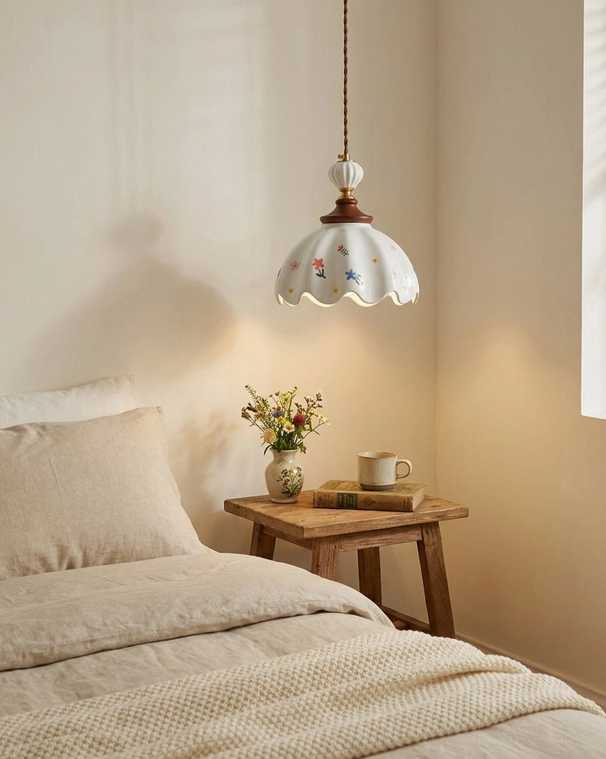 Hand-painted ceramic pendant light creating warm glow in master bedroom bedside area with wooden side table, fresh flowers, and natural lighting