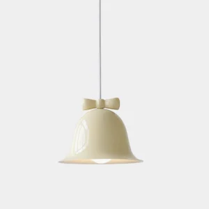Cream ceramic bell-shaped pendant light with brown decorative bow, direct front view on white studio background
