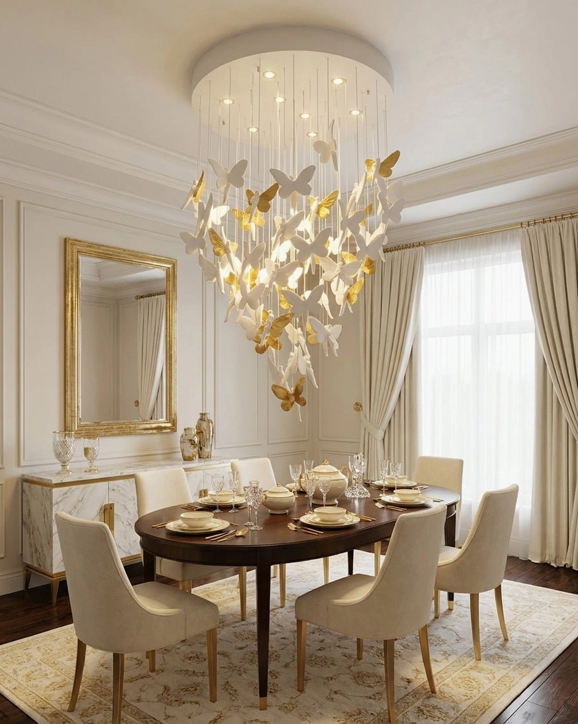 Cascading ceramic butterfly pendant light in classic dining room with gilded mirror and warm neutral color palette