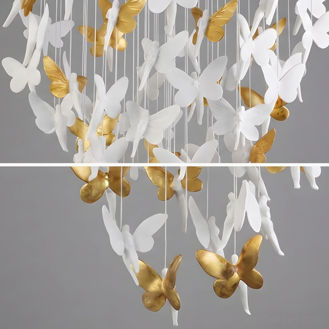 Close-up flat lay of white and gold ceramic butterfly ornaments showing artisanal hand-crafted details and burnished gold accents
