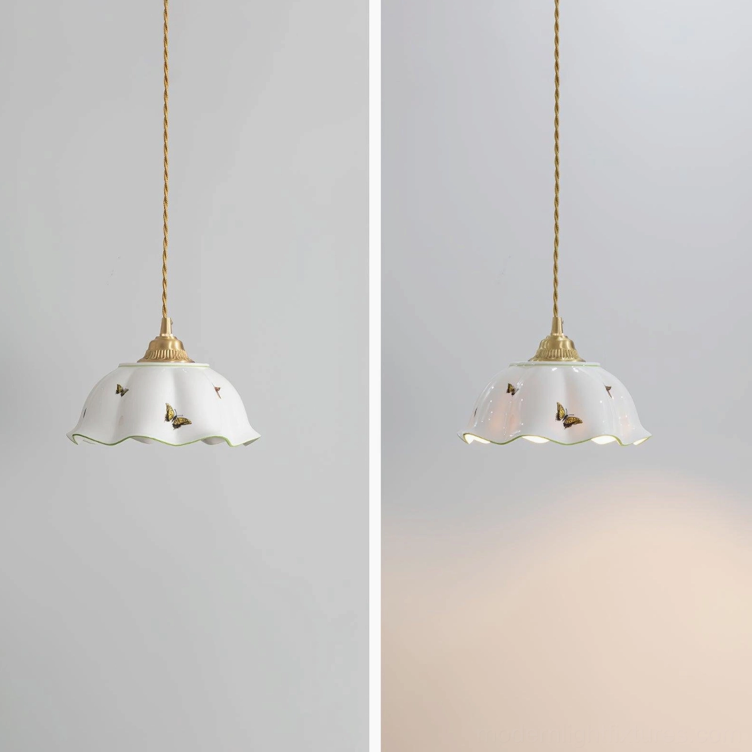 Handcrafted ceramic butterfly pendant light with brass suspension, ambient glow showcase