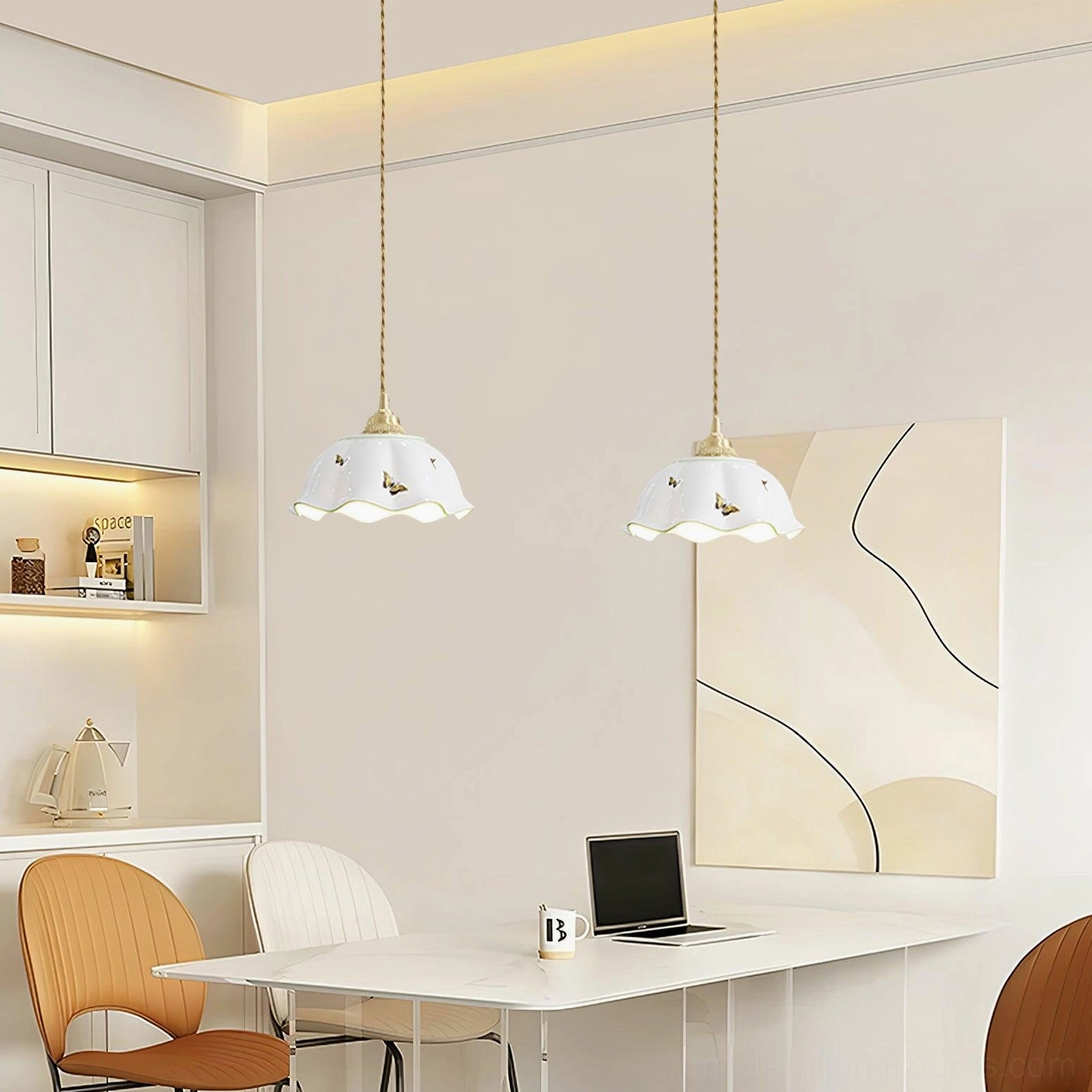 Two ceramic pendant lights above workspace desk in minimalist warm home office