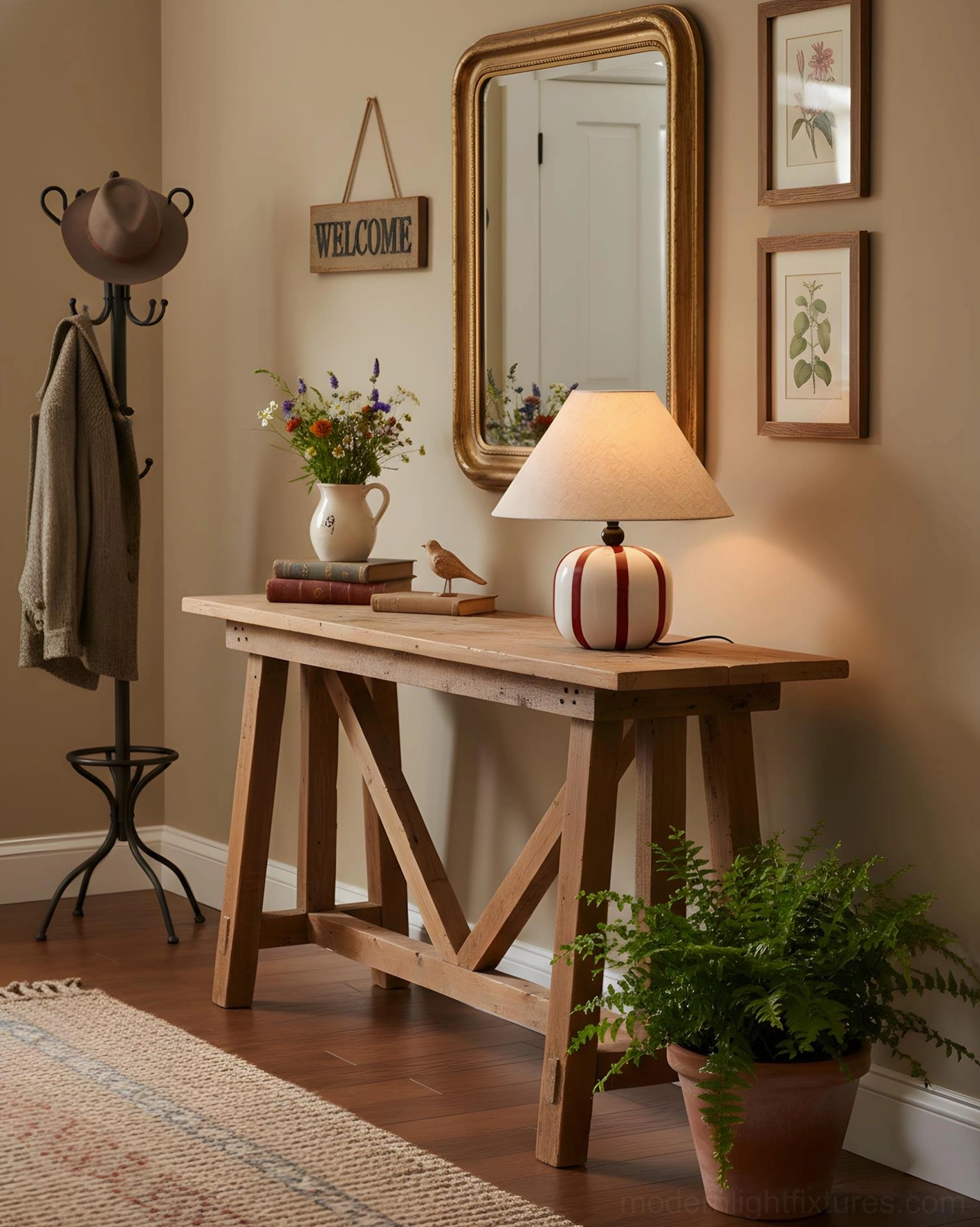 Red and white candy striped table lamp entryway console table rustic home styling