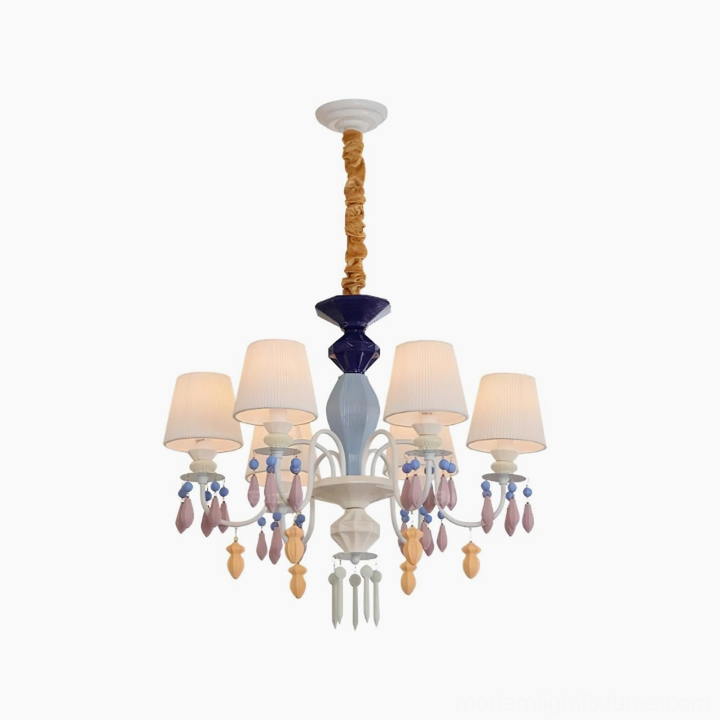 Full ambient view of pastel ceramic multi-arm chandelier illuminated in contemporary home setting