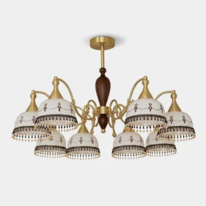 Hand-painted ceramic bell chandelier with brass arms and walnut wood column - studio product view