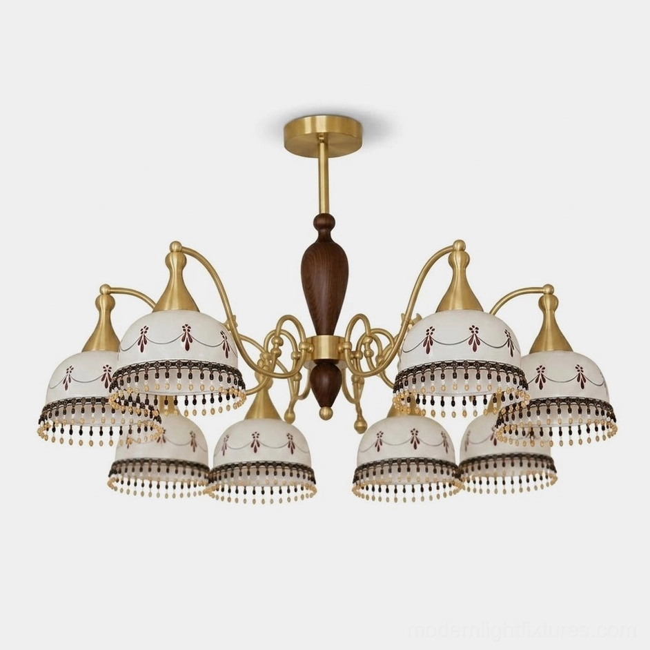 Hand-painted ceramic bell chandelier with brass arms and walnut wood column - studio product view