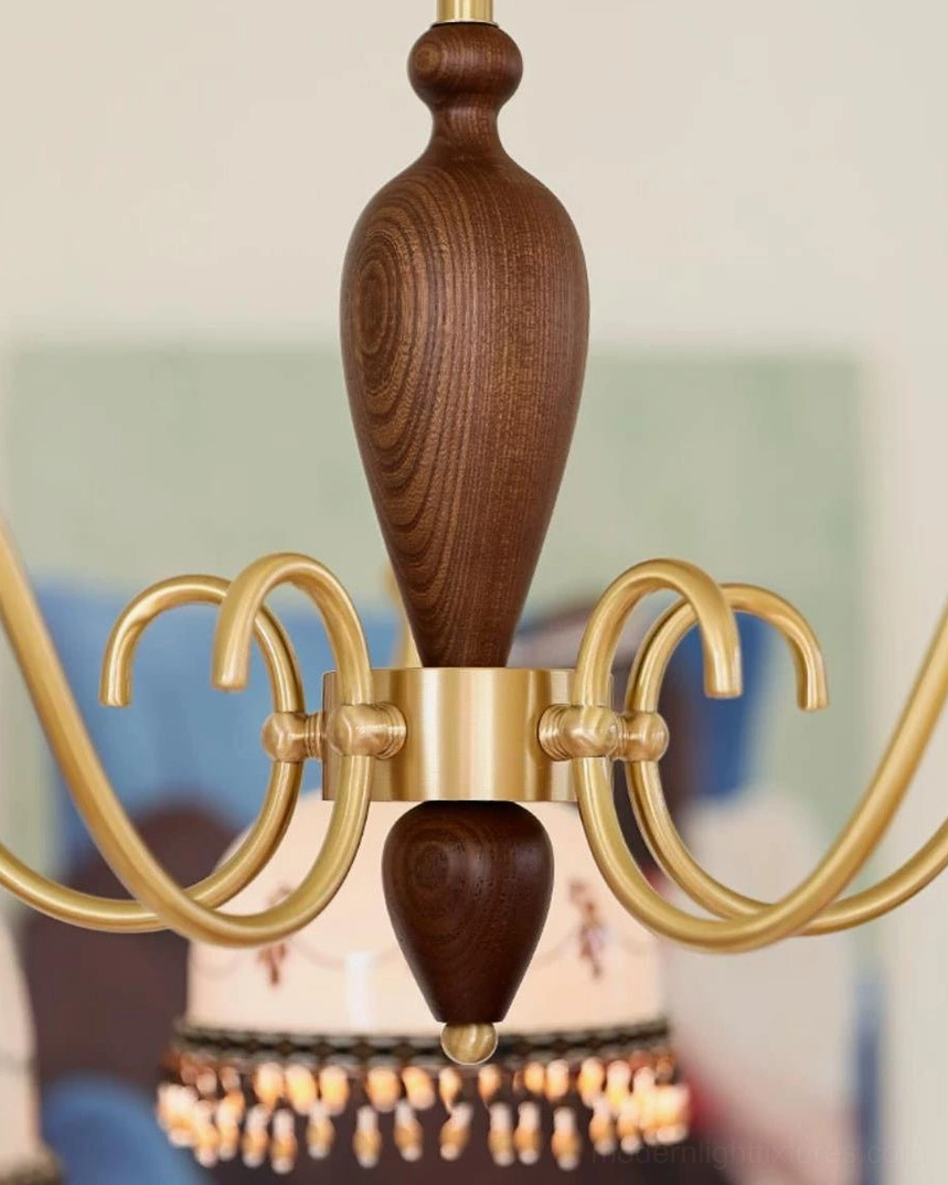 Complete hand-painted ceramic and brass chandelier fixture - full assembly view