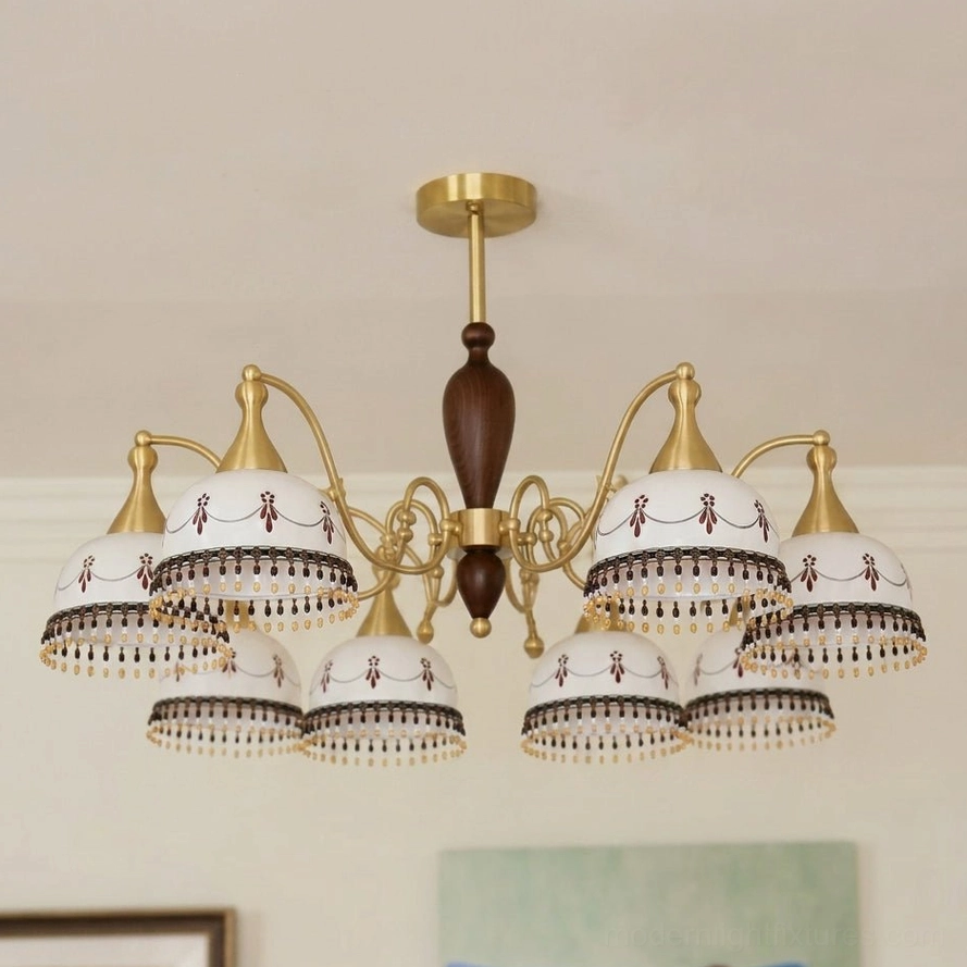 Marquetta chandelier eight-light configuration showing brass arms and ceramic shades