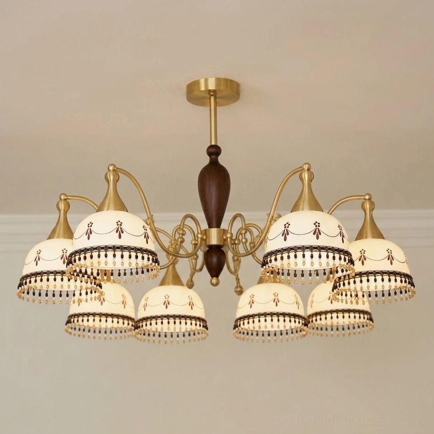 Hand-painted ceramic chandelier suspended from ceiling with downrod installation view