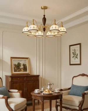 Vintage hand-painted ceramic chandelier with warm lighting in traditional interior setting