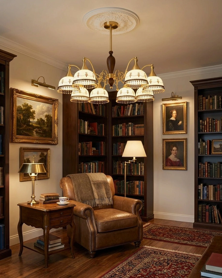 Brass and walnut ceramic chandelier in retro library lounge with bookshelves and leather seating