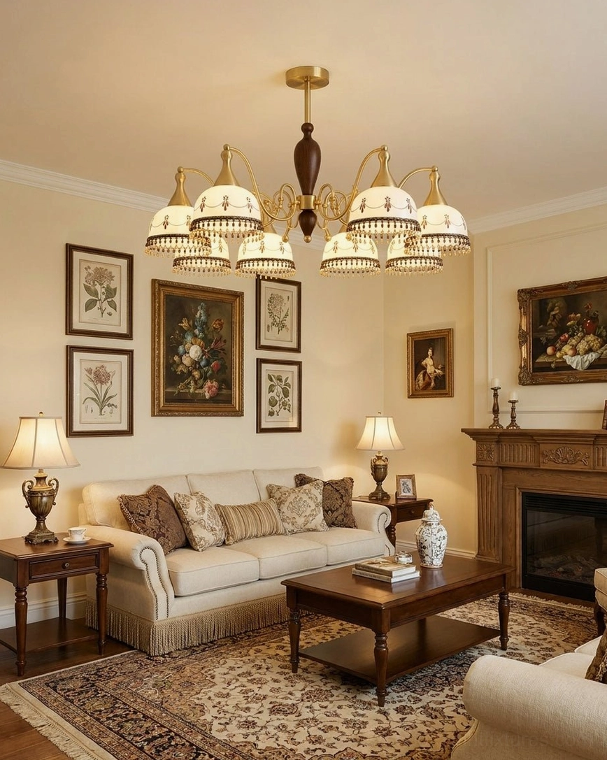 Hand-painted ceramic bell chandelier in luxury living room with fireplace and classic decor