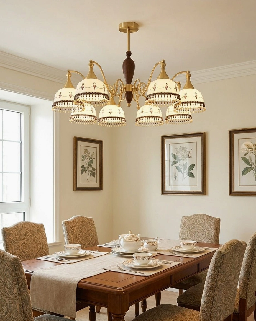 Vintage hand-painted ceramic chandelier in modern farmhouse dining room with natural lighting