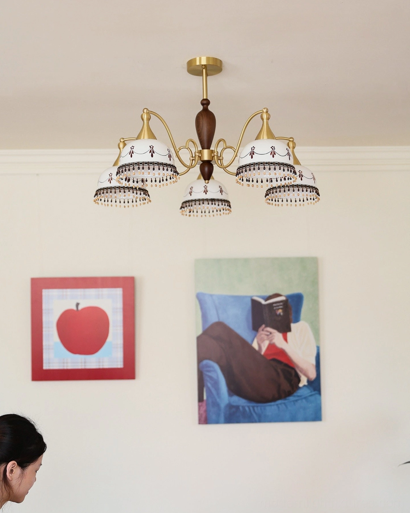 Ceramic bell shade detail - hand-painted floral motif and beaded rim
