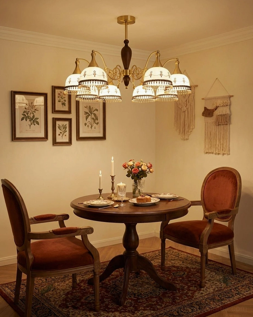 Hand-painted ceramic bell chandelier in vintage dining room with wall art and centerpiece