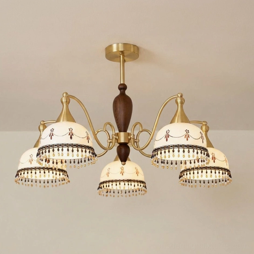 Vintage ceramic chandelier creating warm ambient light in traditional dining space